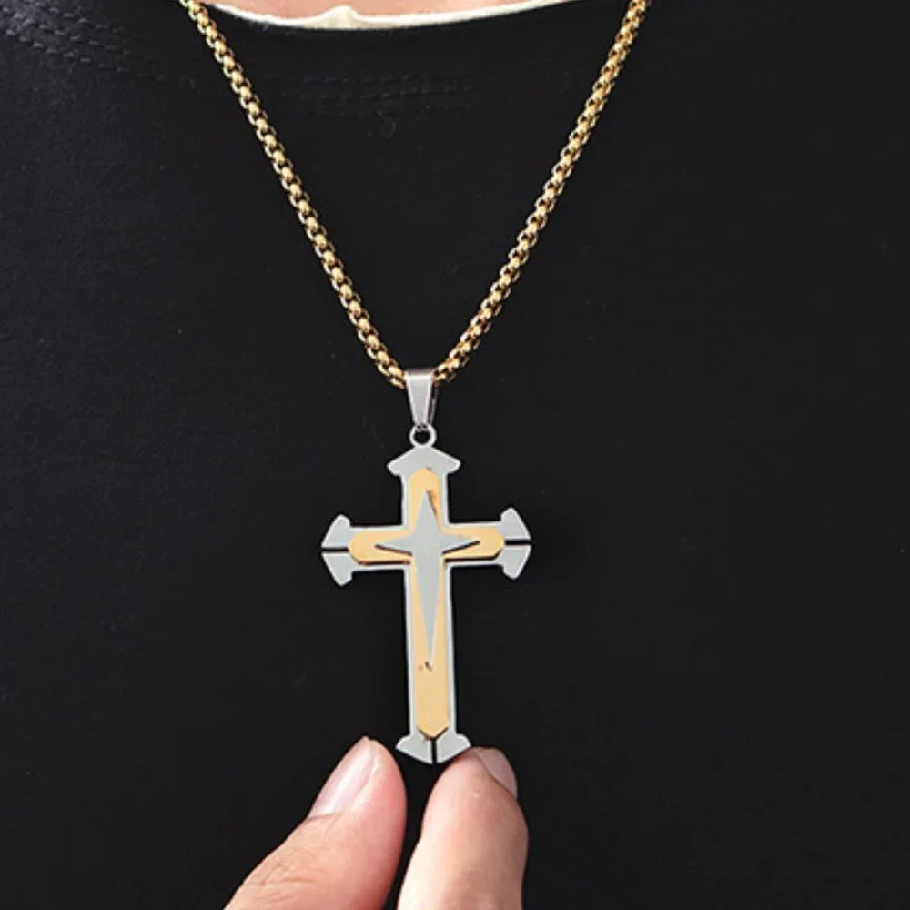 ❤️Gold and Silver HipHop Cross Necklace Religious, N90201P101